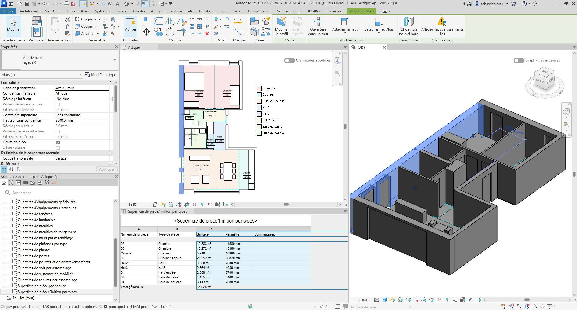 Dans Revit, un mur est sélectionné en bleu et ses propriétés apparaissent à gauche.