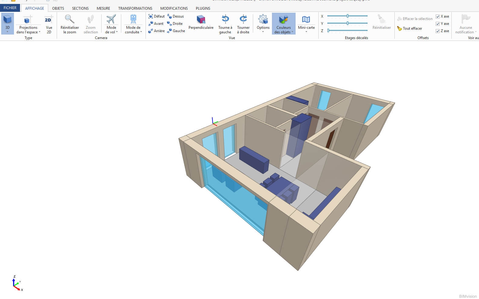 Le logement ouvert dans BIMvision, avec le ruban de commandes de la visionneuse visible.
