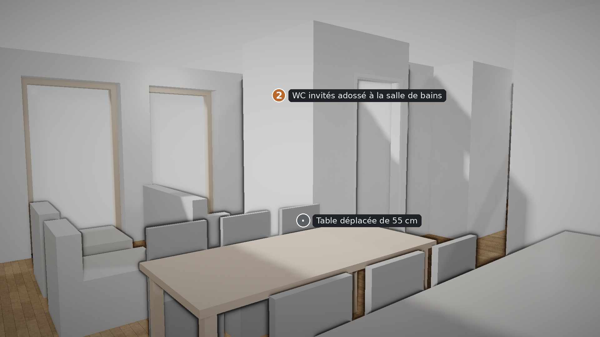 Vue du séjour avec le volume du WC invités et la table déplacée.