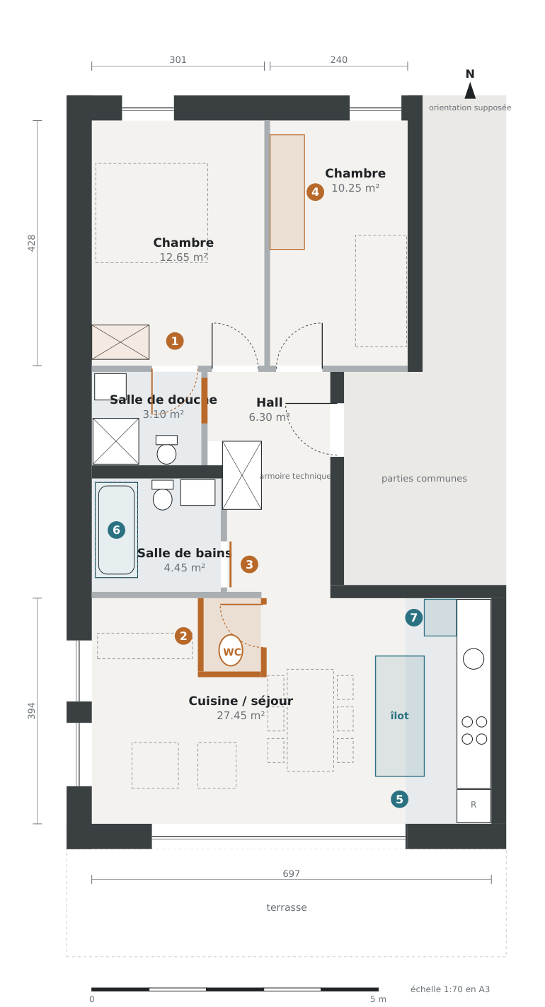 Plan de la variante A avec une suite parentale et un WC invités.