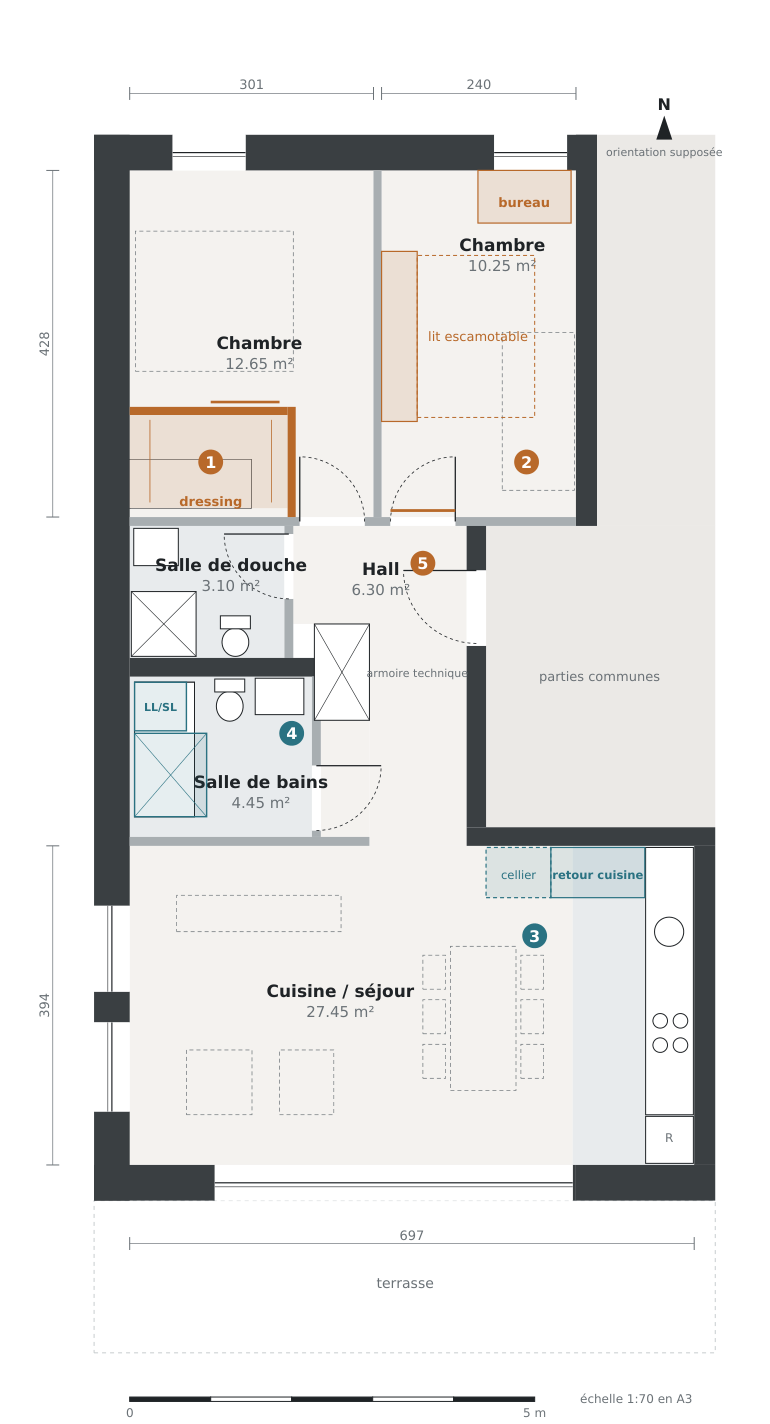 Plan de la variante B avec dressing, bureau et rangements.