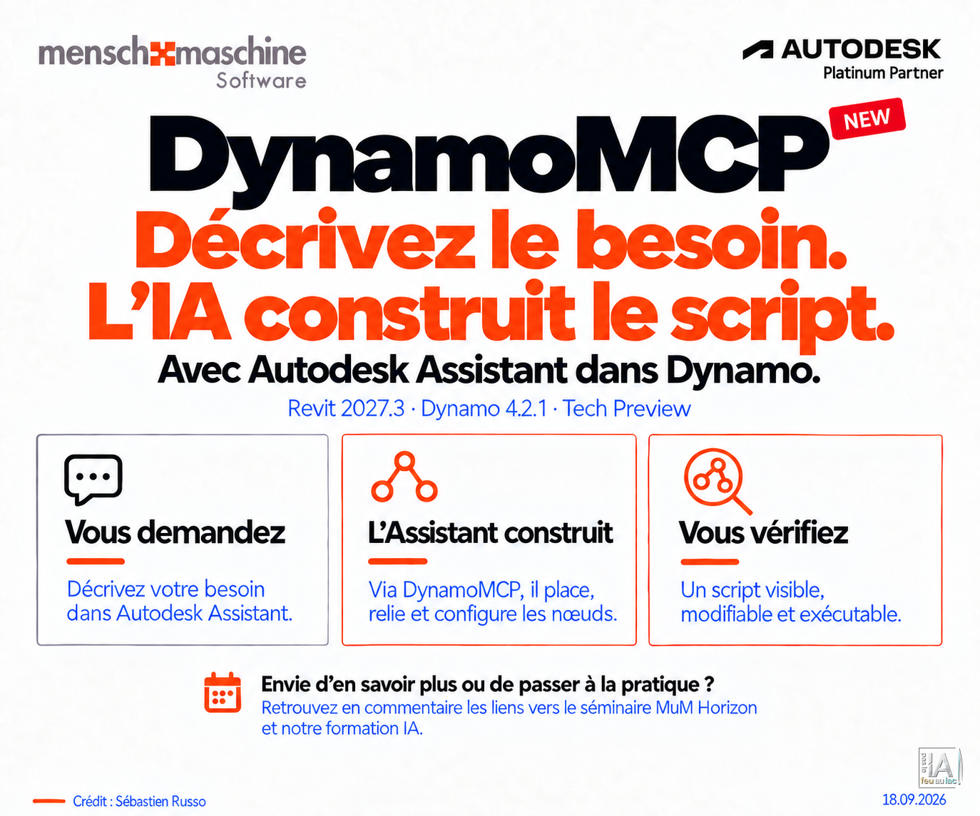 DynamoMCP : décrivez le besoin, l’IA construit le script, avec Autodesk Assistant dans Dynamo. Infographie MuM en trois étapes : vous demandez, l’Assistant place, relie et configure les nœuds via DynamoMCP, vous vérifiez le script visible et modifiable. Revit 2027.3 et Dynamo 4.2.1, Tech Preview.