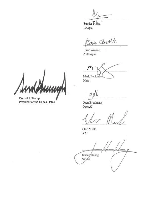 Page des signatures de l’accord : Donald Trump et les représentants de Google, Anthropic, Meta, OpenAI, xAI et Nvidia.